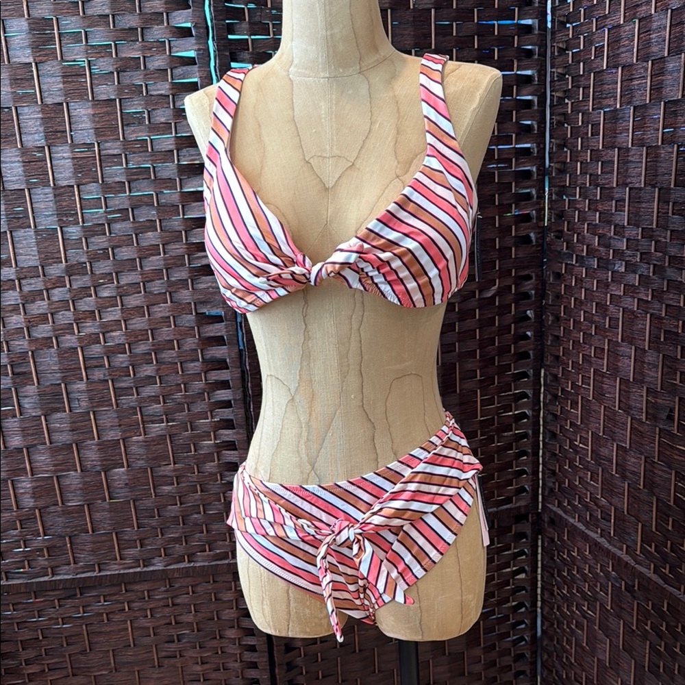 Victoria's Secret tie front high rise cheeky bikini NWT PINK Striped Bikini